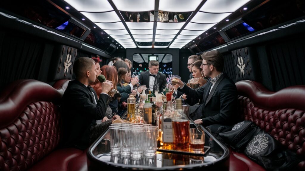 A photo of corporate celebration around a stylish bar inside a limo. There are well-suited people seated and standing, drinking from the bar. The bar is stocked with various liquors and glasses. The interior of the limo is dark, with lush red seating.