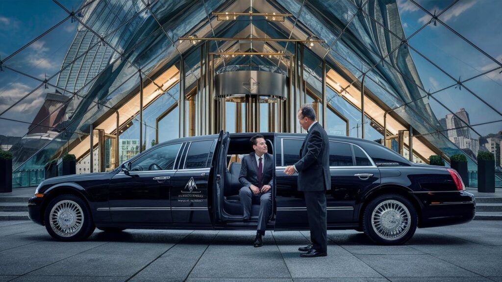 An upscale and luxurious chauffeur service is depicted in this exquisite image. A sleek, black limousine is parked in front of a modern, glass-facade corporate building. A well-dressed chauffeur stands by the open door of the limo, holding the door open for a suited corporate client who is just about to step in. The limo is adorned with a tasteful company logo and the building's stunning architecture reflects the city's skyline. The overall ambiance is one of opulence, sophistication, and extreme professionalism.