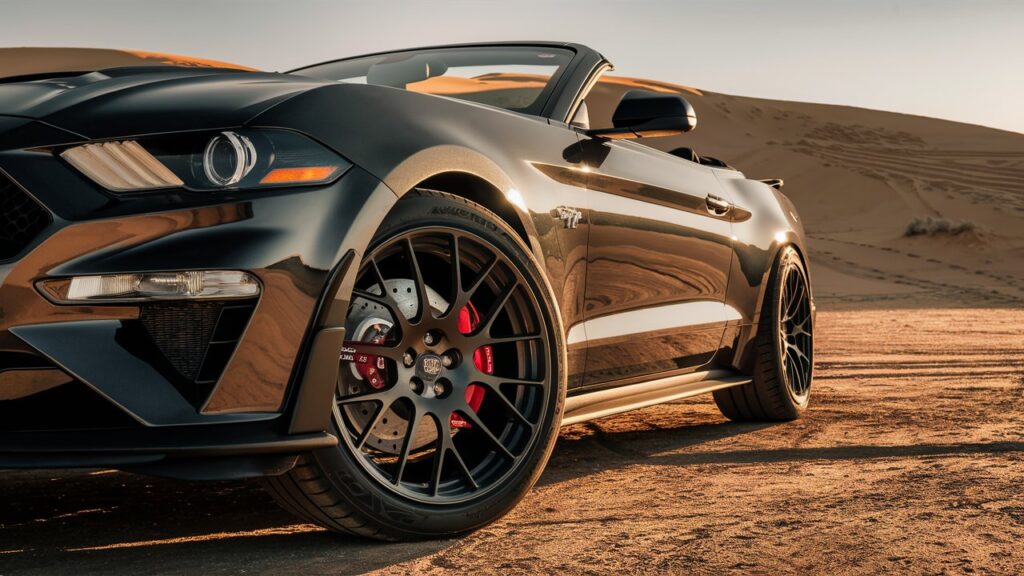 A stunning shot of a sleek Mustang Convertible, showcasing its impressive Cross Drilled Titanium Rotors and Brembo Brake Calipers. The car is captured from an angle that highlights its powerful curves and glossy finish. The background is a vast, open desert landscape, with golden dunes stretching into the distance. The sun is setting, casting a warm, golden light on the car and the desert, creating a dramatic and visually stunning scene.