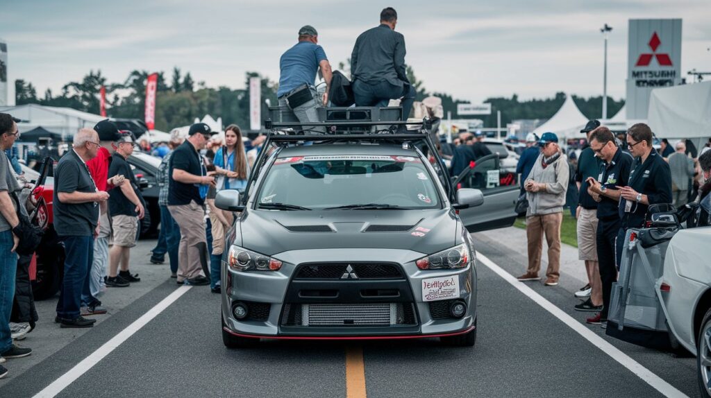 A photo of a Mitsubishi Lancer in the middle of a road at an auto show. The car is surrounded by onlookers, with some people standing on the roof of the car. The background contains other cars, tents, and a giant Mitsubishi logo.