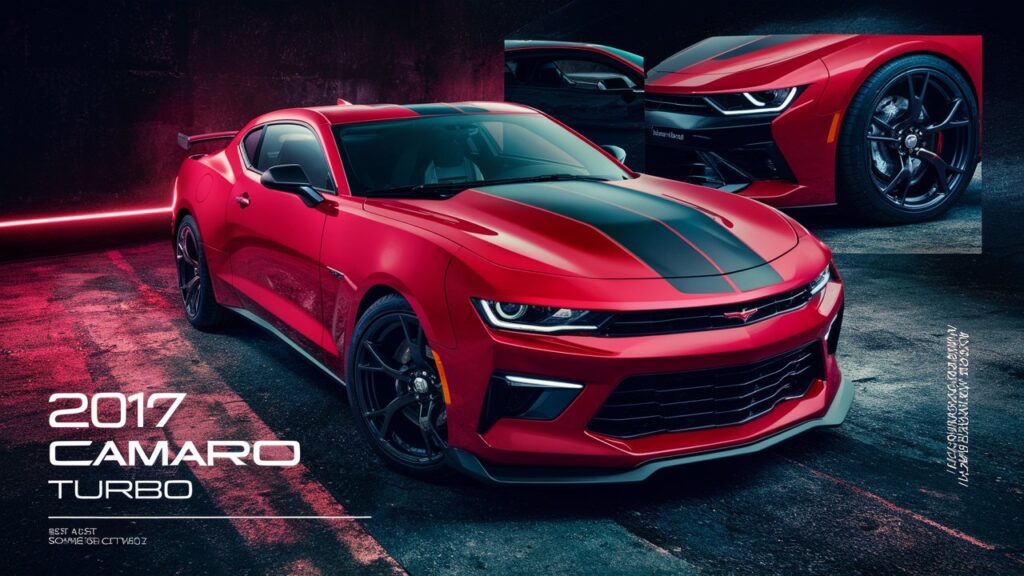 A stunning photograph of a 2017 Camaro Turbo, showcasing the sleek and powerful design of the vehicle. The car is displayed in a bold red color, with black racing stripes running down the hood. The background is a dark, almost ominous, with a touch of neon lighting to accentuate the car's features. The camera angle highlights the vehicle's best trims, such as the LT or 2LT, with close-ups of the wheels, grille, and interior. The overall ambiance of the photo is intense and dynamic, capturing the essence of a high-performance sports car.