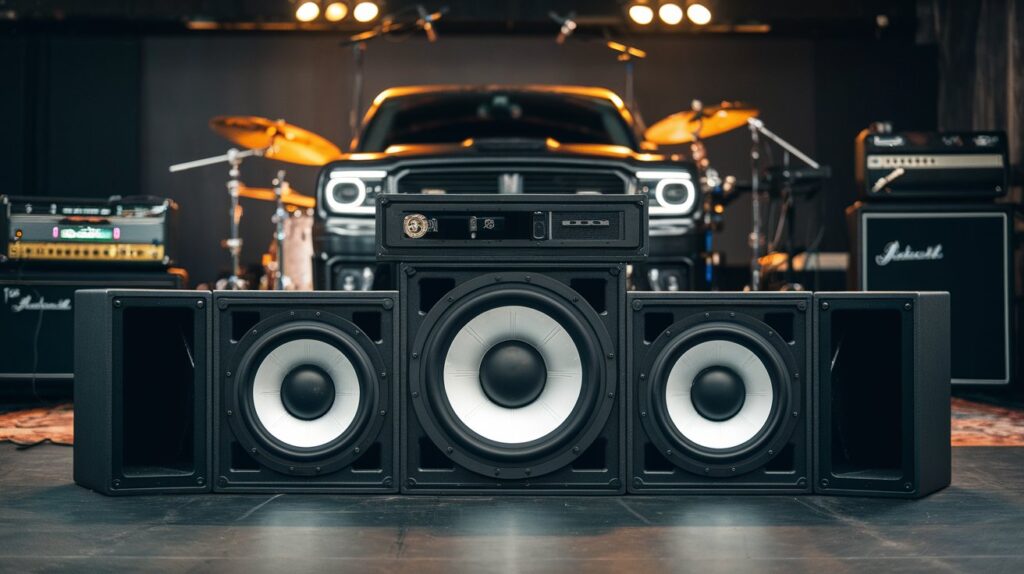 A photo of a custom music system for a Dodge Nitro. The system features a 24-inch subwoofer in the middle, with two 12-inch subs on the sides. These subs are supported by high-powered amplifiers. The background is a dimly lit room with a few musical instruments and a drum set.