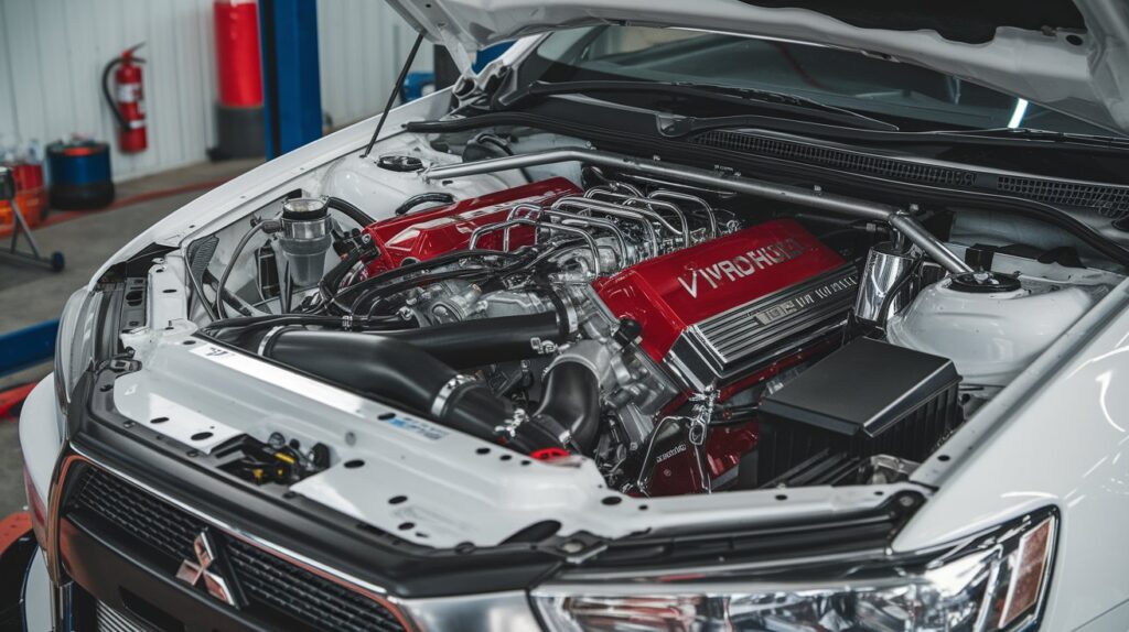 A photo of the Mitsubishi Lancer Evo VIII's aftermarket engine under the hood. The engine is red and has various metal and chrome parts. The background is a garage with a few tools and a fire extinguisher. The lighting is bright.