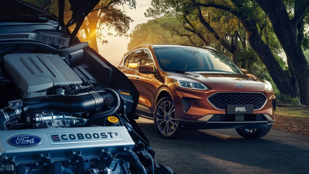 A stunning and enticing photograph of the Ford Escape, highlighting its 2.0L EcoBoost® engine options. The vehicle is captured from an angle that emphasizes the powerful and sleek engine, with the sun's rays reflecting off the polished metal. The luxurious SUV is parked on a serene road surrounded by lush trees, with a golden sunset casting a warm glow on the scene. The background perfectly complements the vehicle, creating a sense of adventure and performance.