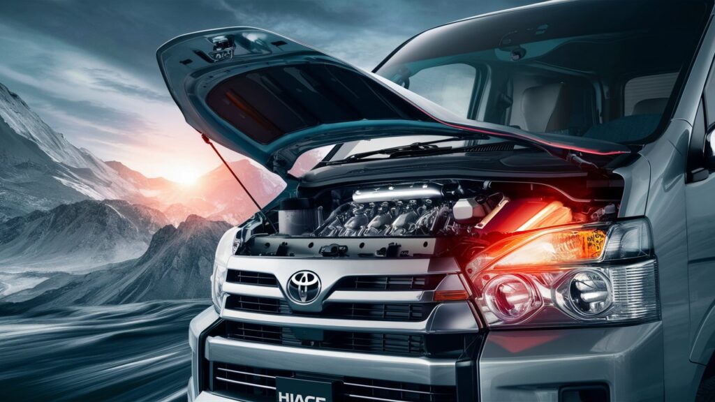 A stunning image of the Toyota HiAce van, focusing on the powerful and efficient engines. The van is seen in profile, with the hood slightly open, revealing the impressive engine mechanism. The engine glows with a vibrant energy, emphasizing its power and efficiency. The background features a dynamic landscape of vast mountains and a setting sun, reflecting the HiAce's ability to conquer any terrain and journey with ease.