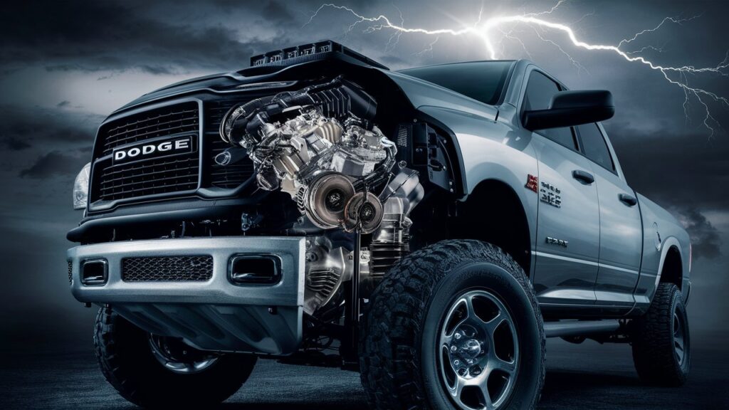 A striking image of the 2018 Dodge Ram truck, with the focus on the powerful engine compartment and showcasing its performance capabilities. The truck is positioned at an angle that emphasizes its muscular design and strength. The engine, with its gleaming components, is partially exposed, revealing the intricate details. The background is a moody, stormy sky, with dark clouds and a bright lightning strike, reflecting the raw power and energy of the Dodge Ram.