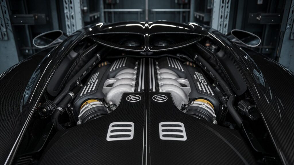 A photo of a closeup shot of the engine and transmission of a Bugatti Divo. The engine is a 8.0-liter quad-turbocharged W16. The background is a dark, industrial space with metal supports and equipment.