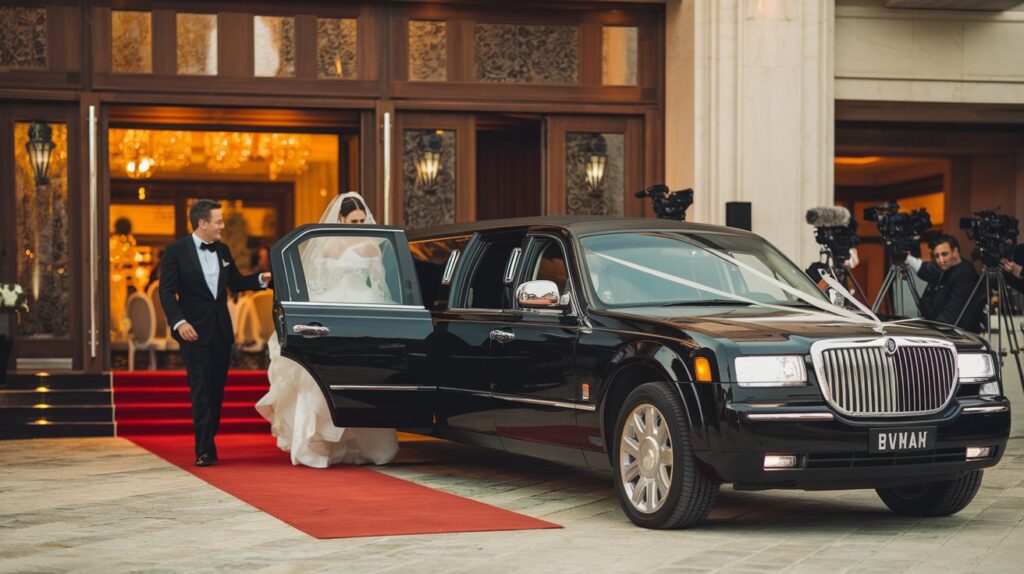 A photo of a wedding limousine with a bride and groom exiting the vehicle. The bride is wearing a white gown and a veil, while the groom is wearing a tuxedo. They are walking towards a grand entrance with a red carpet. The limousine is parked outside a luxurious venue. The background contains multiple cameras. The lighting is warm.