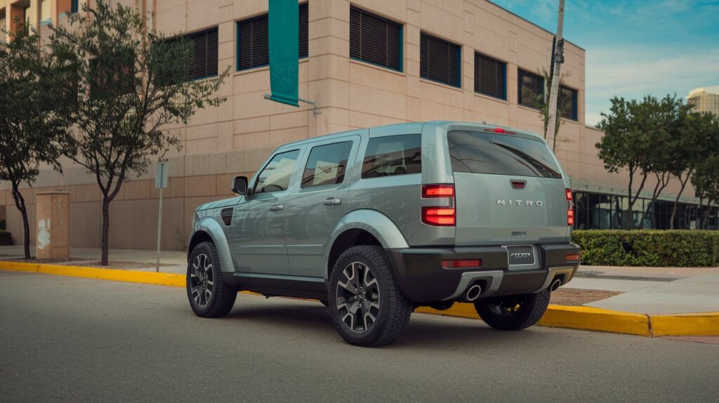 A photo of a Dodge Nitro SUV from the best possible angle, showcasing its cutting-edge exterior design. The SUV is parked on a street with a yellow curb. The background contains a beige building with multiple windows and a green banner hanging from the building. There are also some trees and a blue sky.