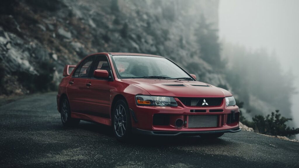 A cinematic shot of a Mitsubishi Lancer Evolution VIII parked on a mountain road with a foggy atmosphere. The car is red and has a few scratches. The background reveals a sharp drop and dense fog.