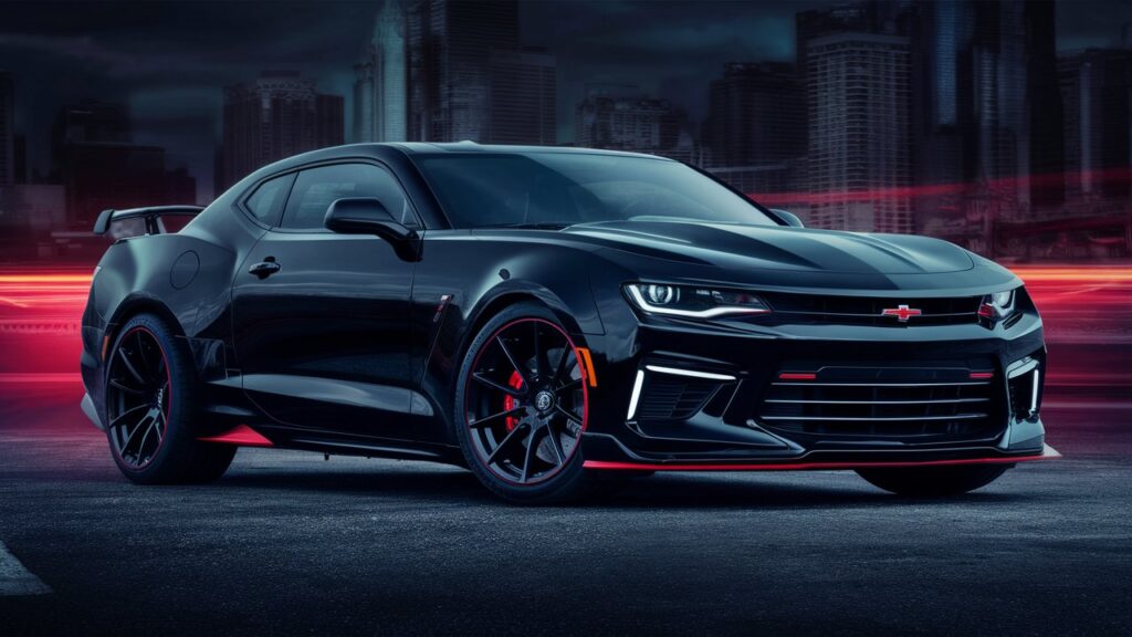 A stunning, low-angled shot of the 2017 Camaro Turbo showcasing its bold design statement. The sleek, black sports car is set against a vibrant urban cityscape backdrop. The vehicle's muscular body lines, aggressive front grille, and twin-split rear glass are prominently featured. The glossy black finish with bright red accents on the wheels and badging stand out against the dark, moody skyline.