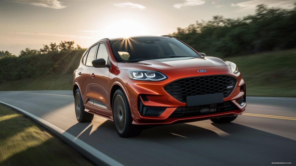 A striking photo of a Ford Escape, showcasing its bold and aerodynamic styling. The car is captured in a three-quarter angle, with its sleek lines and prominent grille prominently displayed. The vehicle appears to be speeding on a smooth, winding road, with lush greenery on either side. The sun is setting in the background, casting soft golden rays that accentuate the car's striking colors. The overall ambiance of the photo is dynamic and powerful, reflecting the essence of the Ford Escape's design.