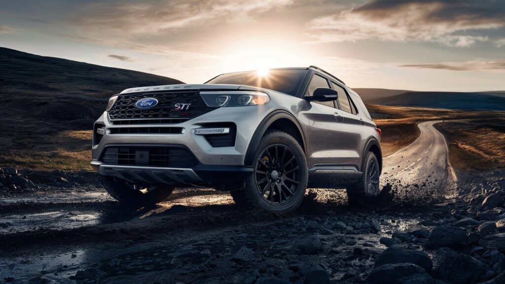 A stunning and dynamic image of the Ford Explorer ST. The vehicle is shown in a rugged off-road environment, with its tires surrounded by rocks and mud. The sun is setting behind the SUV, casting a warm, golden light that highlights the contours of the vehicle. The background showcases a vast, open landscape with rolling hills and a winding road that stretches off into the distance. The overall atmosphere of the image is adventurous and powerful, showcasing the Explorer ST's ability to tackle any terrain.