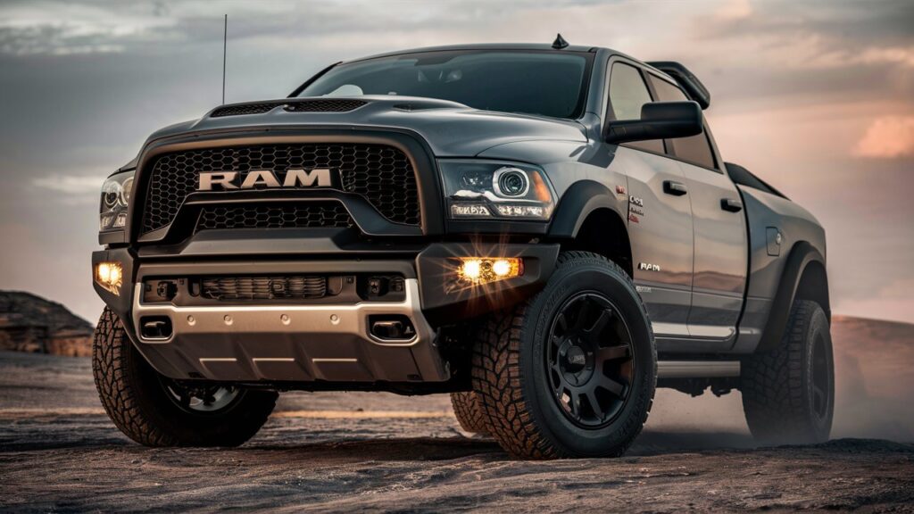 A captivating image of a Dodge Ram 2018, showcasing its bold exterior design that demands attention. The truck is seen from a low angle, with its imposing grille and angular headlights dominating the foreground. The powerful, muscular body of the truck is accentuated by its sleek lines and large wheels. The background features a vast, open landscape, with a setting sun casting a warm glow on the truck and the surrounding environment, emphasizing its commanding presence in the scene.