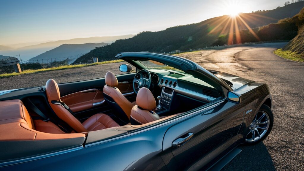 A stunning photo of a sleek Mustang Convertible, capturing the luxurious interior from the best possible angle. The car is parked on a winding road, surrounded by lush green hills and a clear blue sky. The sun is setting in the background, casting a warm, golden light on the car, highlighting its elegant curves and the rich, warm tones of the leather seats. The overall ambiance of the photo is serene and opulent.