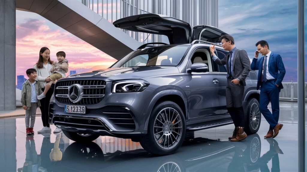 A striking image of a sleek and modern Mercedes SUV, perfectly captured from an angle that highlights its spaciousness and luxury. The SUV is parked in a serene urban setting, with a family of four and a professional standing nearby, each interacting with the vehicle. The family is comprised of a mother and father with their two children, smiling and enjoying their time. The professional, dressed in a sharp suit, is talking on a phone while leaning against the SUV. The background showcases a bustling cityscape with towering skyscrapers and a vibrant sunset, emphasizing the adaptability of the Mercedes SUV for both family and professional needs.