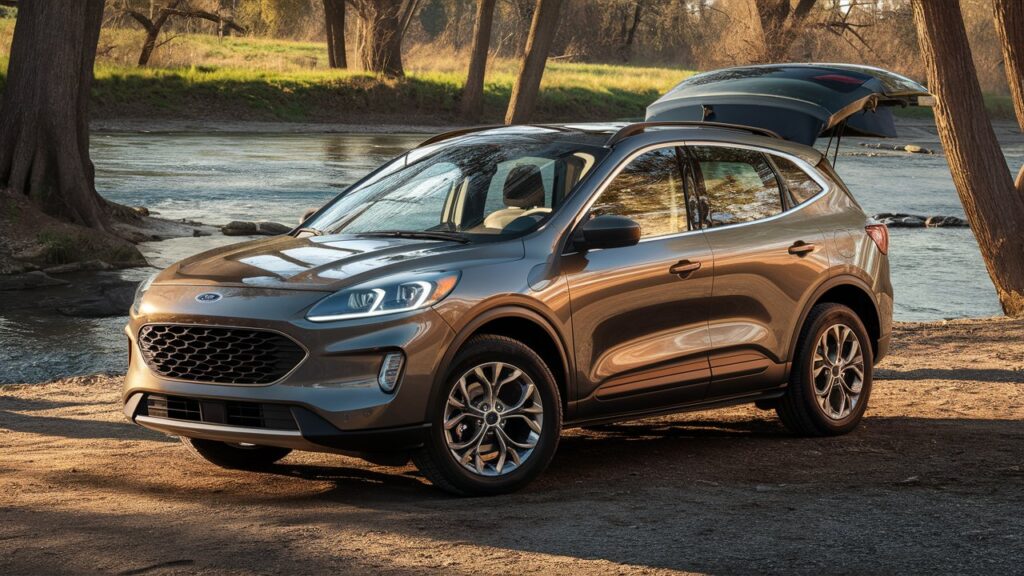 A sleek and modern Ford Escape is shown in the photo, angled to highlight its practical features for everyday use. The SUV is parked near a serene riverside setting, with tall trees and a gently flowing river in the background. The sun casts a warm, golden light on the vehicle, reflecting off its shiny exterior. The Ford Escape is shown with its spacious and adaptable rear seat, perfect for stowing away groceries or gear for outdoor adventures. The overall atmosphere of the image conveys a sense of comfort and functionality, making the Ford Escape an ideal choice for daily life.