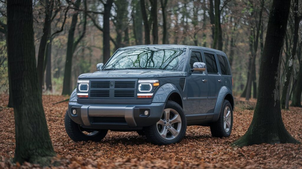 A photo of a Dodge Nitro SUV parked in the Black Forest of Germany. The forest is dense with trees, and the ground is covered with leaves. The SUV is a medium shot, with its front end visible. The background is filled with trees. The lighting is natural.