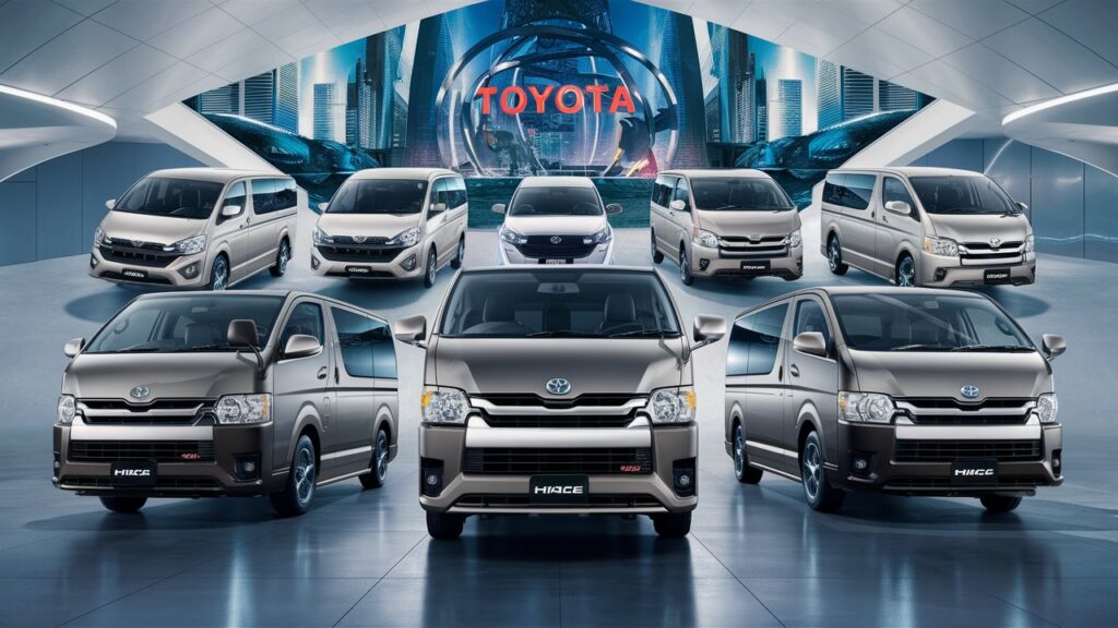 A stunning collection of Toyota HiAce vehicles, showcasing various lineup productions, are displayed in a spacious and modern showroom. The vehicles are positioned at different angles to highlight their sleek designs and impressive features. The background of the image features a futuristic cityscape with towering skyscrapers and a glowing neon sign with the word "Toyota" illuminated. The overall ambiance conveys a sense of innovation and progress.