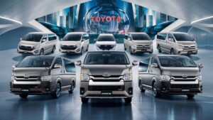 A stunning collection of Toyota HiAce vehicles, showcasing various lineup productions, are displayed in a spacious and modern showroom. The vehicles are positioned at different angles to highlight their sleek designs and impressive features. The background of the image features a futuristic cityscape with towering skyscrapers and a glowing neon sign with the word "Toyota" illuminated. The overall ambiance conveys a sense of innovation and progress.