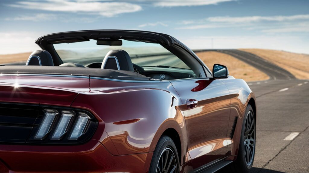 A stunning photograph of a sleek Mustang Convertible, capturing its curvaceous design from an ideal perspective. The car glistens under the sun, with its shiny red body contrasting against the clear blue sky. The top of the convertible is down, revealing the luxurious black leather interior. The background showcases a vast, deserted highway that stretches into the horizon, with a gentle curvature that perfectly complements the car's shape. The overall ambiance of the photo evokes a sense of speed, freedom, and luxury.