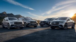 A stunning and luxurious glamor shot of the latest Mercedes SUV lineup, showcased from the best possible angle. The vehicles are positioned in a way that highlights their sleek design, modern features, and spacious interiors. The background features a scenic mountain landscape with a clear blue sky and a golden sunset, creating a sense of opulence and adventure. The overall ambiance evokes a feeling of exclusivity and the thrill of exploring the world in style.