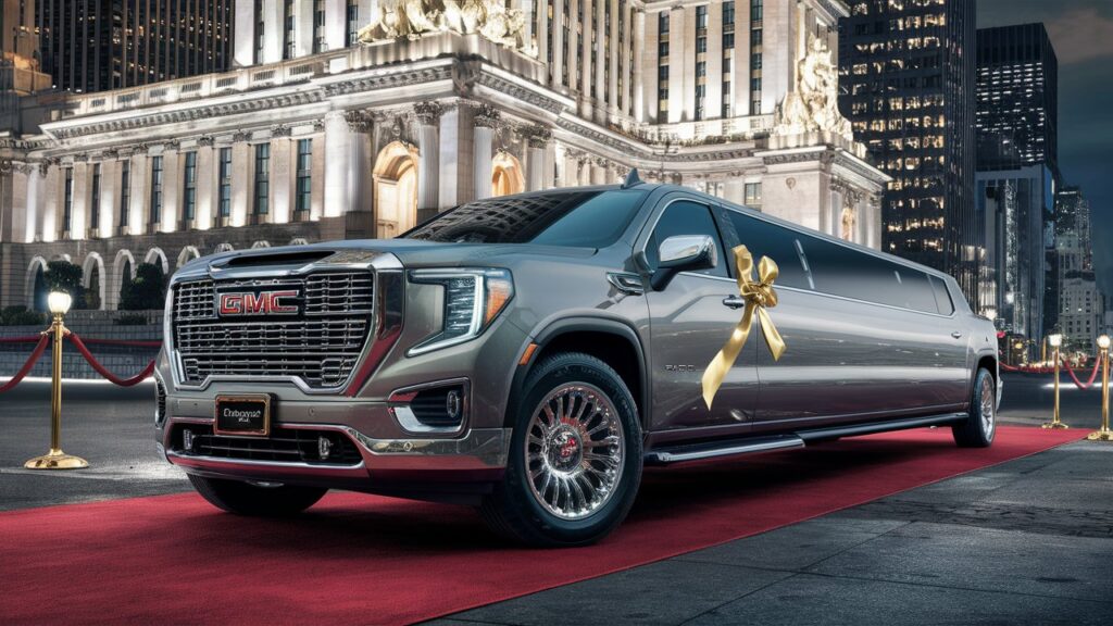 A majestic GMC limousine, the epitome of luxury and elegance, is parked on a red carpet in front of a grand, illuminated building. The limousine is adorned with a shining gold ribbon and a personalized license plate. The vehicle's sleek design is accentuated by its long, stretched body and large, gleaming wheels. The background features a bustling cityscape with skyscrapers reflecting the lights of the city. The overall atmosphere is one of glamour, sophistication, and high-class.