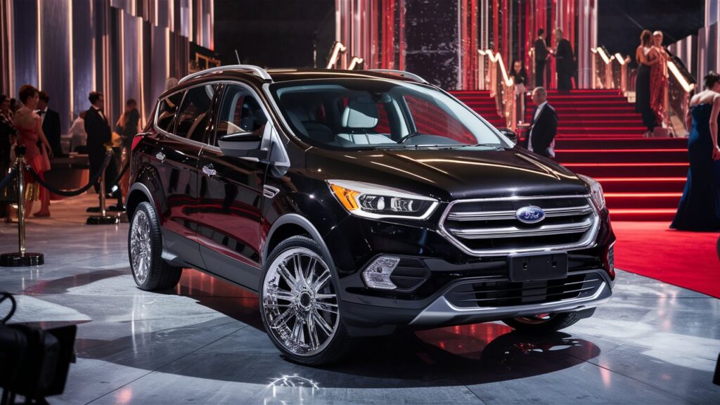 A luxurious Ford Escape SUV, showcasing the pinnacle of Ford's lineup, parked in a glamorous setting. The vehicle boasts a sleek black exterior with tinted windows, 24-inch chrome rims, and a prominent chrome grille. The background features a red carpet stretched on a grand, illuminated stage, with people dressed in elegant attire. Spotlights and cameras surround the vehicle, highlighting its opulence and presence. The atmosphere exudes a sense of glamour and sophistication.