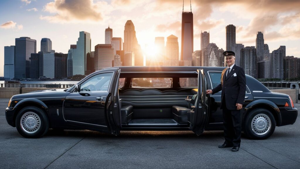 A luxurious black stretch limousine is parked in front of a stunning city skyline, with the sun setting behind it. The limo is immaculate, with a uniformed chauffeur standing by the open door, holding the handle with a welcoming smile. The interior of the limo is elegantly lit, showing off the plush leather seats. The background contains a beautiful blend of skyscrapers, illuminated by the golden sunset light, giving an aura of prestige and luxury.