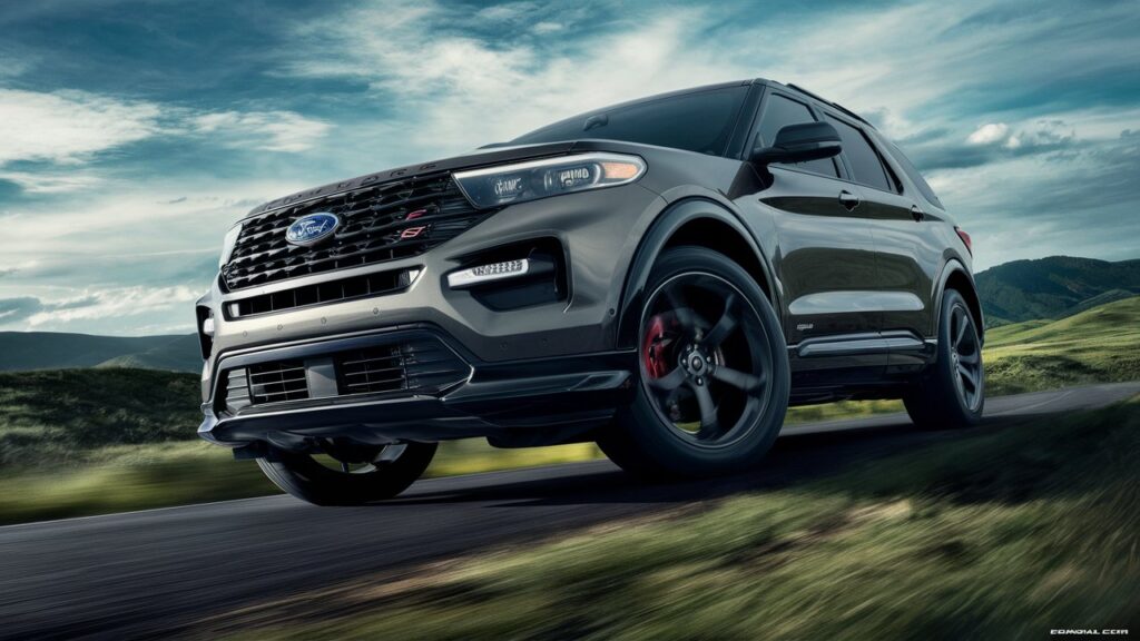 A stunning photo of a sleek and powerful Ford Explorer ST, showcasing its modern design and aggressive features. The vehicle is captured from a low angle, emphasizing its striking presence on the road. The background is a beautiful landscape, featuring rolling hills, lush green grass, and a serene blue sky with scattered clouds. The overall atmosphere of the photo is dynamic and captivating, highlighting the vehicle's ability to conquer any terrain.