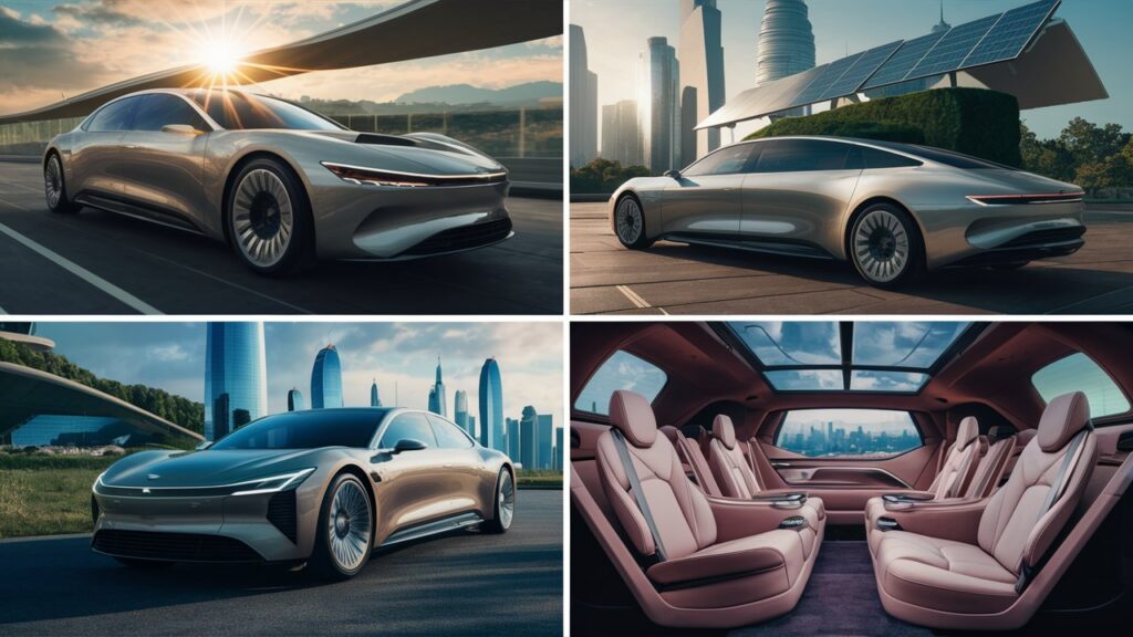 A stunning showcase of eco-friendly luxury limousines in 2024, featuring sleek designs that seamlessly blend technology and sustainability. The first image reveals a limousine with a stylish, all-electric design, with smooth curves and a glossy exterior that reflects the sun's rays. The second image features a limo with solar panels integrated into the roof, highlighting its commitment to renewable energy. The third image displays a limousine with a stunning, environmentally-friendly interior, complete with comfortable leather seats and modern amenities. The background for these images showcases a futuristic cityscape, with towering skyscrapers, green rooftops, and a clean, blue sky, symbolizing a sustainable future.