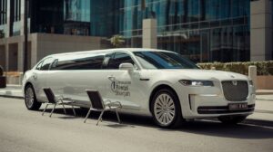 A photo of a limousine rental service in Sharjah. The photo features a white stretch limousine parked on the street. The limousine has tinted windows and is adorned with a 'Limousine Rental Sharjah' logo on the side. There are also two chairs placed next to the limousine. The background reveals a modern building with a glass facade. The lighting is bright.