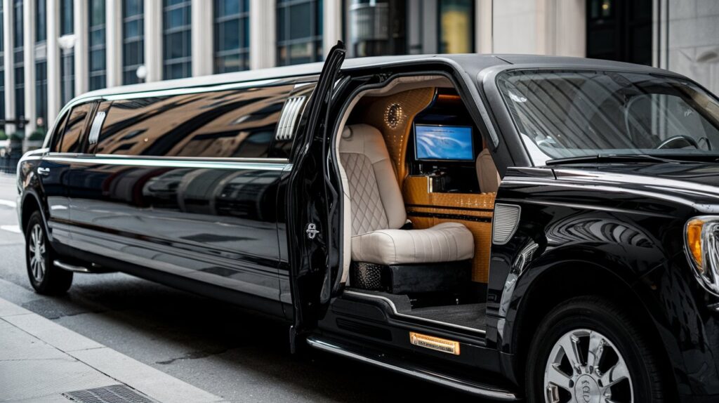 A black limousine with tinted windows parked on a street. The interior of the limousine is spacious and luxurious, with plush seats, a wooden bar, and a television screen. The exterior of the limousine is shiny and well-maintained. The background is a city street with tall buildings.