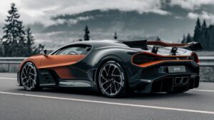 A photo of a Bugatti Divo car parked on a highway. The car is a black and orange hypercar with a sleek design and large, circular wheels. The car's body is made of carbon fiber and features a rear wing, side intakes, and a rear diffuser. The background is a scenic mountainous landscape with trees and clouds.