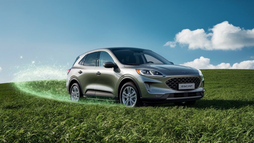 A stunning photograph of a sleek Ford Escape positioned on a lush green field. The vehicle appears to be gliding smoothly, leaving a faint trail of sparkling green energy, symbolizing its fuel efficiency and sustainability. The sky above is clear and blue, with a few puffy white clouds. The combination of the eco-friendly car and the thriving natural landscape emphasizes the harmonious relationship between technology and nature.