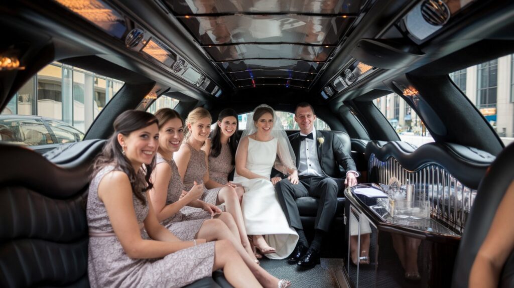 A photo of a wedding limousine with the bride, groom, and bridesmaids inside. The bride is wearing a white dress and a veil. The groom is wearing a tuxedo. The bridesmaids are wearing matching dresses. They are all smiling. The interior of the limousine is spacious and comfortable, with leather seats, a bar, and a TV. The background is a city street with tall buildings.