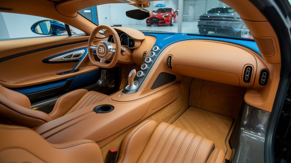 A photo of the interior of a Bugatti Divo with a customizable design and a driver-focused cabin. The dashboard is covered in leather and has a variety of controls. There is a center console with a screen in between the driver and passenger seats. The seats are also covered in leather and have a unique pattern. The floor is made of carbon fiber. The background is a garage with a few other cars.