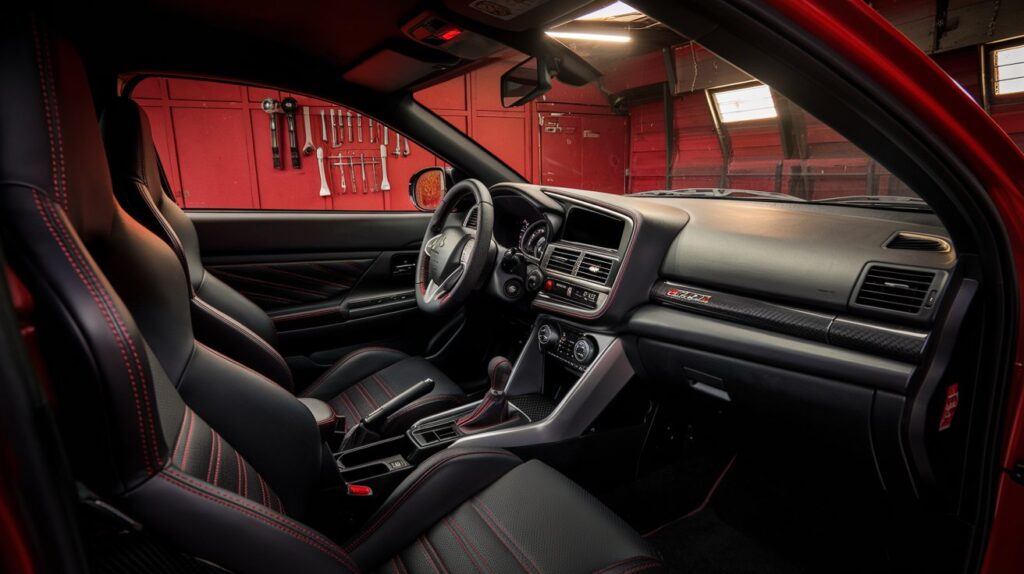 A sneak peek of the Mitsubishi Lancer Evo VIII's interior. The car is parked in a garage with red walls and a few tools hanging on the wall. The lighting is warm. The interior of the car is black and red, with red stitching on the black seats. There are several buttons and controls on the dashboard.