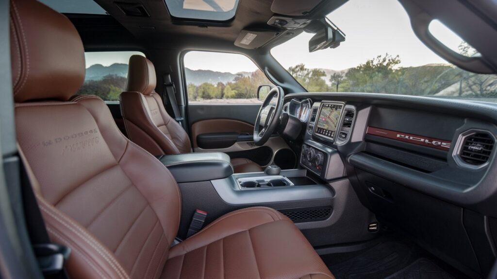 A photo of the interior of a Dodge Nitro SUV. The SUV has premium seating with leather upholstery and is equipped with various amenities such as a built-in navigation system, a sunroof, and climate control. The seats are heated and ventilated. The dashboard is made of high-quality materials and features a large touchscreen display. The background is a serene landscape with mountains and trees.