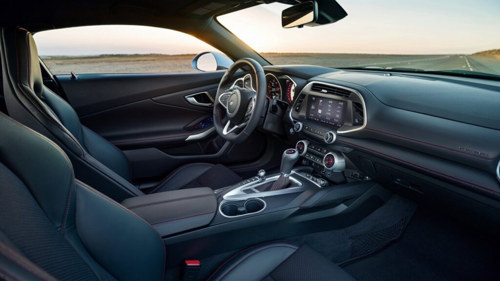 A sleek and modern interior of a 2017 Camaro Turbo, showcasing its state-of-the-art technology and comfort features. The black leather seats are adorned with red stitching, while the steering wheel features intricate controls and a central touchscreen display. The dashboard is illuminated with customizable LED lighting, and the door panels are adorned with carbon fiber accents. The background reveals a vast open road, stretching into the horizon, with the sun setting behind the car, casting a warm, golden glow on the interior.