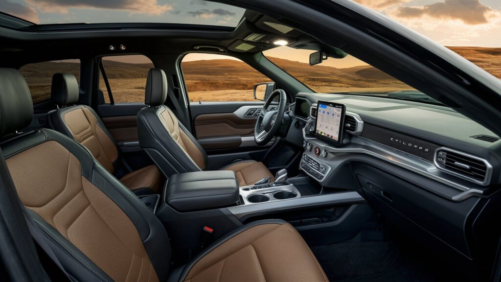 A stunning image of a Ford Explorer ST, showcasing its spacious cabin with premium features. The car is seen from an angle that emphasizes its sleek design and modern aesthetics. The cabin is filled with high-end elements, such as leather seats, a large touchscreen infotainment system, and ambient lighting. The background features a vast, open landscape with rolling hills and a golden sunset, creating a sense of freedom and adventure.