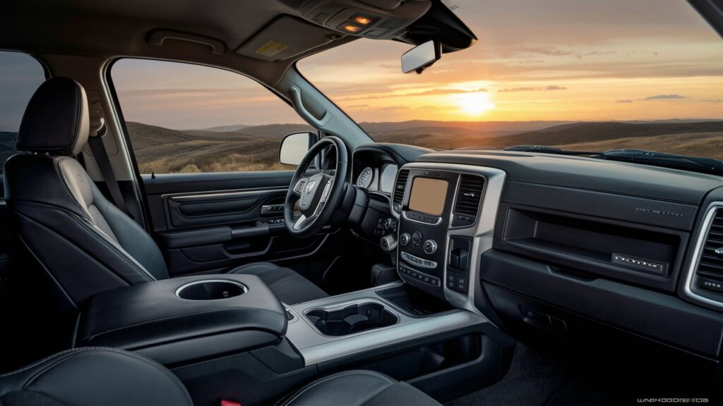 A stunning photograph of a Dodge Ram 2018, showcasing its luxurious and comfortable interior. The driver's seat is positioned towards the center of the image, with a beautiful leather-wrapped steering wheel and a sleek dashboard. The background is a breathtaking landscape, with a golden sun setting over a vast expanse of rolling hills. The color palette of the image is warm and inviting, making the interior of the Dodge Ram 2018 feel like a cozy sanctuary amidst the natural beauty.