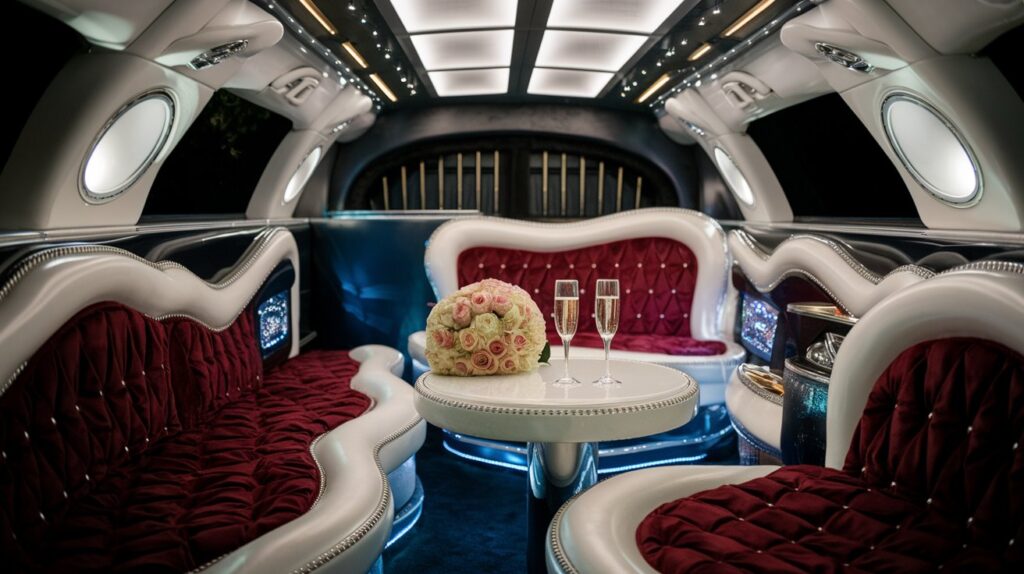 A photo of the luxurious interiors and amenities of a wedding limousine. The limousine has a white exterior and a dark interior. There is a white table in the middle of the limousine, with a bouquet of roses and two champagne glasses. There are also two red velvet seats next to the table. The limousine has a partition between the driver's seat and the passenger area. The background is dark.