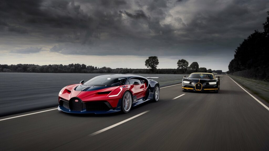 A photo of a Bugatti Divo and a Bugatti Chiron in a head-to-head race on an open road. The Divo is in the lead, with its red body gliding through the air. The Chiron, with its black and yellow body, is chasing closely behind. The road stretches into the distance, lined with trees. The sky is overcast, with dark clouds looming.