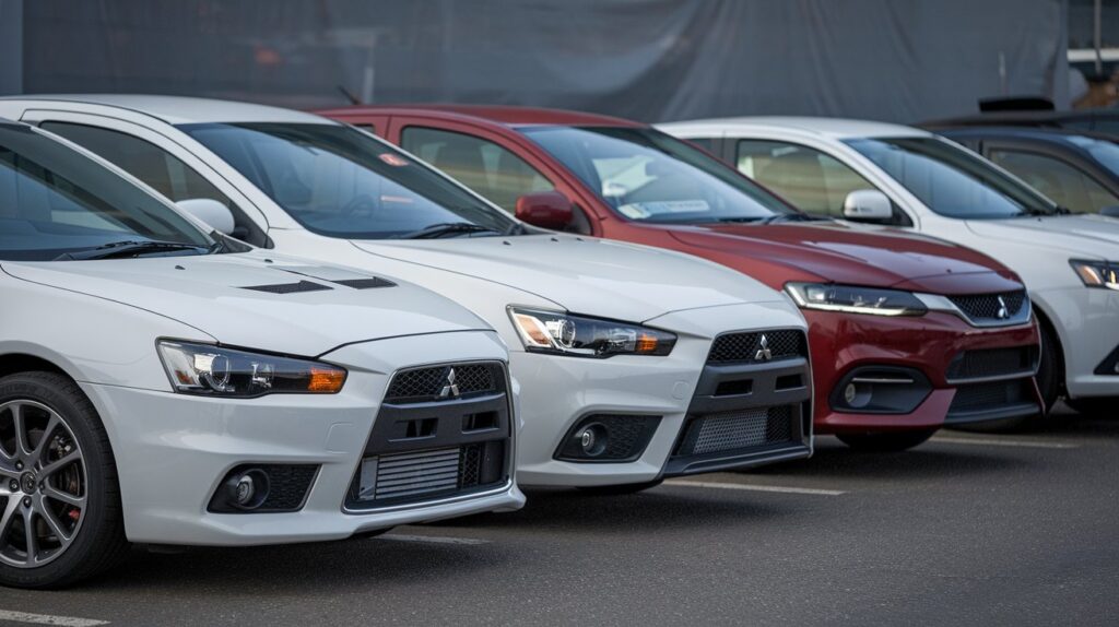 A photo of all the Lancer productions lined up in a row. There is a Mitsubishi Lancer Evolution IX, a Mitsubishi Lancer Evolution X, a Mitsubishi Lancer Ralliart, and a Mitsubishi Lancer Sportback Ralliart. The cars are parked on a street with a grey backdrop. The lighting is bright.