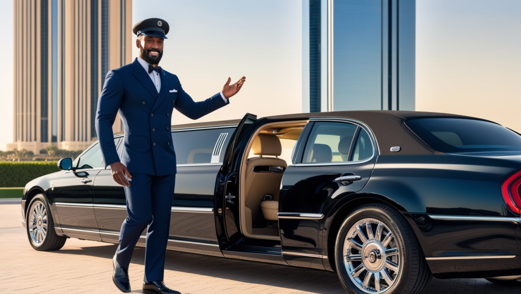 A high-quality image of a luxurious chauffeur service. The scene is set in a bustling city, with a sleek black limousine parked on the side of the road. A well-dressed chauffeur, wearing a pristine uniform, opens the rear passenger door of the limousine with a happy and welcoming gesture. The background showcases the city skyline, with the reflection of the scene in the limousine's shiny surface, emphasizing the luxurious ambiance.