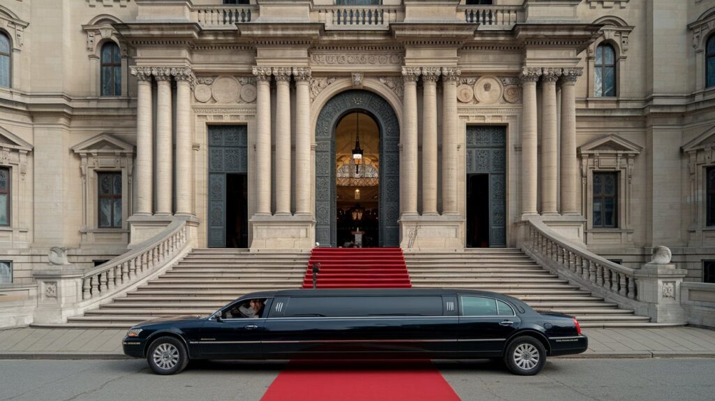 A photo of a limousine parked in front of a grand, historic building with a large entrance. The building has multiple stories, with tall columns and a grand staircase. The entrance is adorned with intricate carvings. The limousine is black and has a few passengers inside. There is a red carpet leading to the entrance. The background is clear.