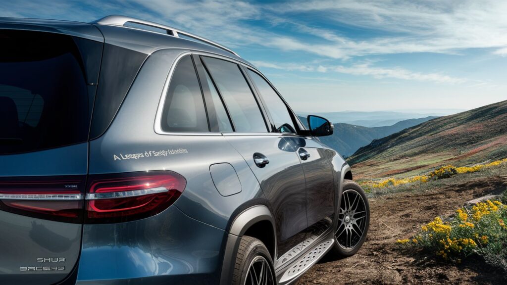 A stunning photograph of a sleek Mercedes SUV, highlighting the automobile's sleek design and modern features. The SUV is parked on a panoramic hillside, surrounded by vibrant wildflowers and a clear blue sky. The vehicle's elegant curves and sophisticated style are emphasized, and the SUV's badge proudly displays "A Legacy of Safety Leadership." The background showcases the beauty of nature, with an expansive vista of mountains in the distance, creating a sense of luxury, safety, and adventure.