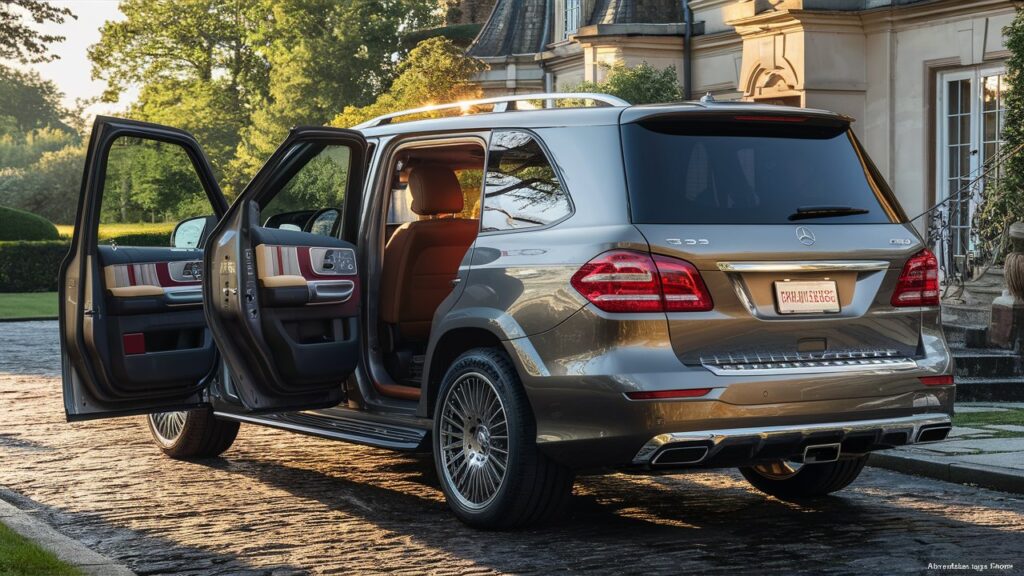 A captivating photograph of a luxurious Mercedes SUV, showcasing bespoke luxury and unparalleled comfort. The vehicle is parked on a cobblestone road, near a beautiful mansion with lush green gardens. The sun casts a warm golden light on the SUV, highlighting the sleek design and polished exterior. The interior is seen through the open doors, revealing plush leather seats, wooden accents, and high-end technological features. The overall ambiance of the image exudes opulence and elegance, with a sense of refinement and relaxation.