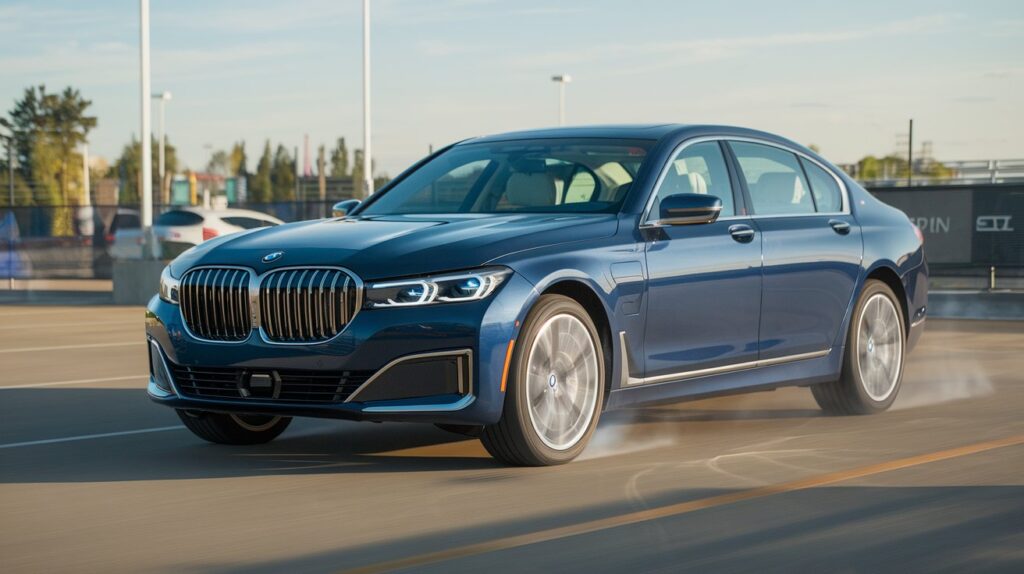 A photo of a luxury sedan with spinning tires during a perfect shift launch. The car is a BMW 7 Series. The background is a parking lot with other cars. The lighting is bright.